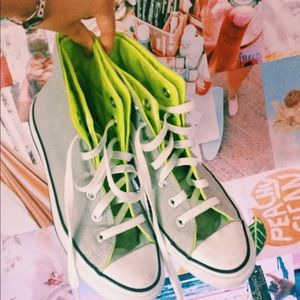 ✰ high top neon green and grey converse ✰